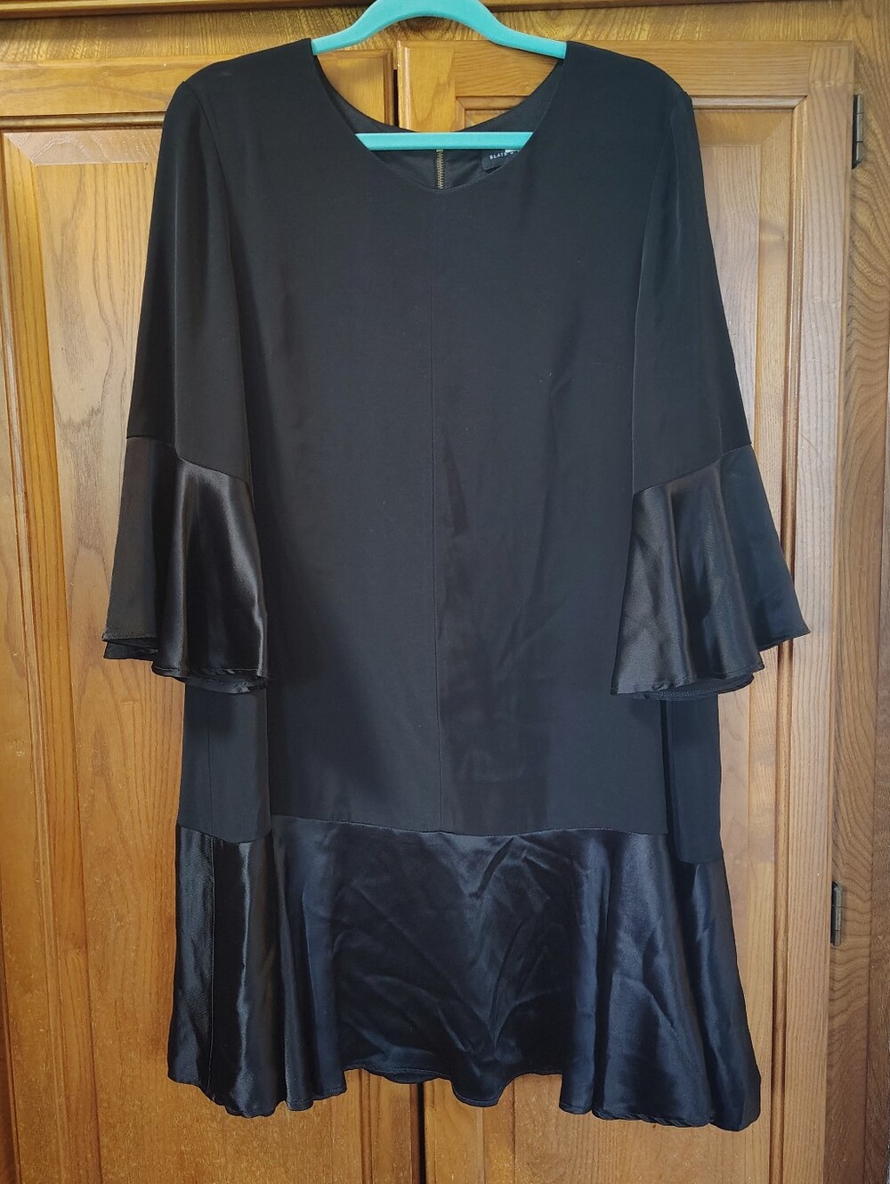 Slate & Willow Black Flounce Trapeze Dress Satin Trim Ruffle Drop Waist Dress